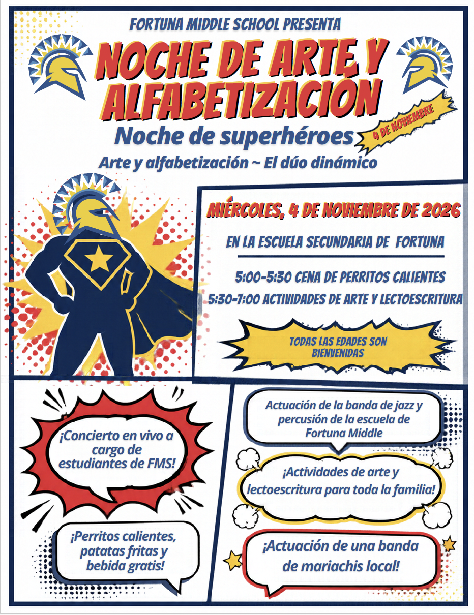 A colorful school flyer in Spanish for 'Noche de Arte y Alfabetización' featuring a superhero theme.