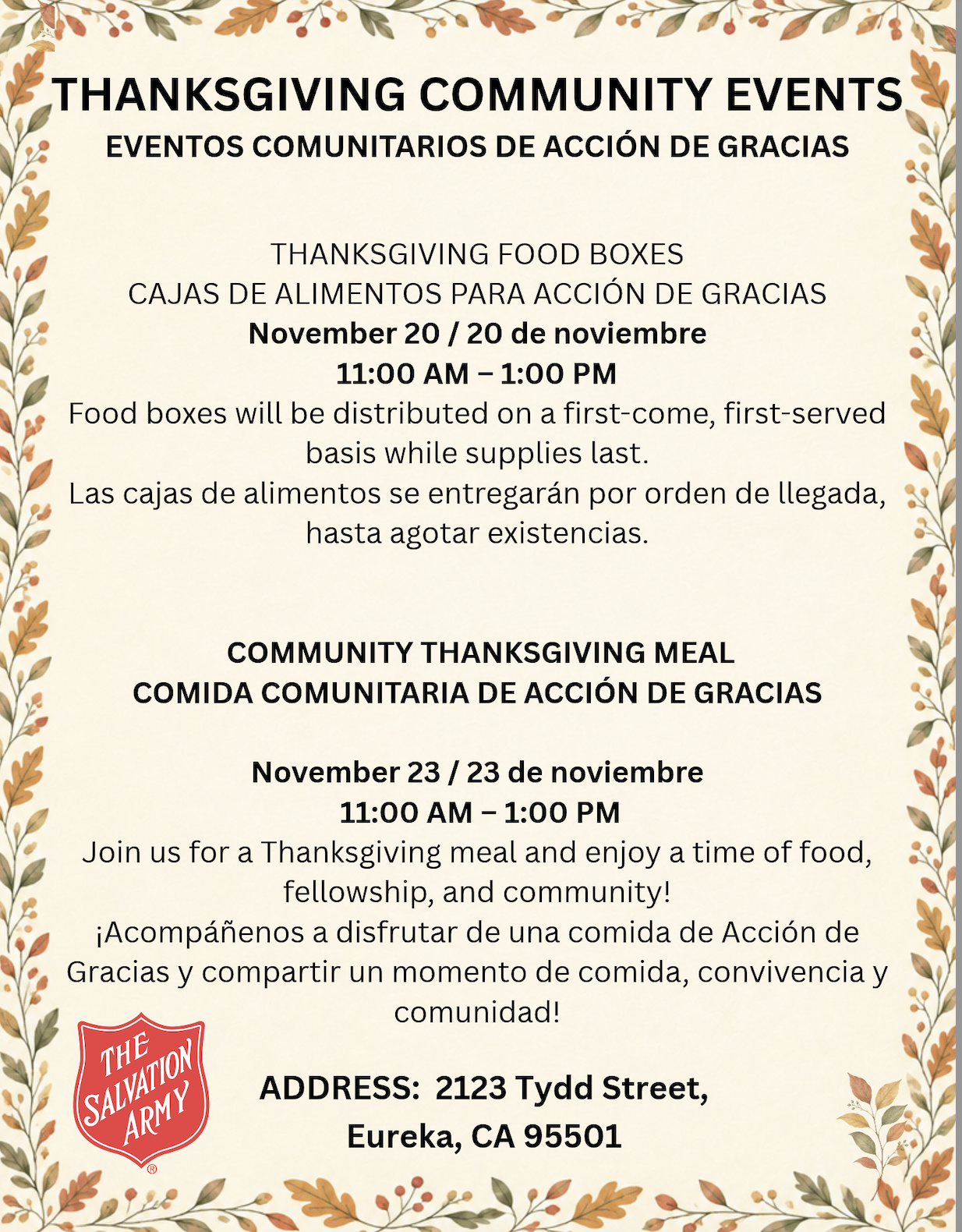 A flyer for Thanksgiving community events in English and Spanish, bordered by autumn leaves, featuring a Salvation Army logo at the bottom.