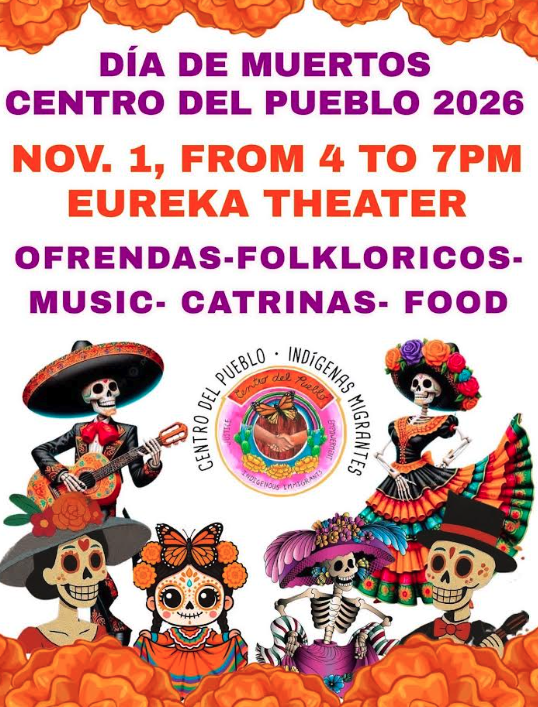 A colorful flyer for a 2026 Day of the Dead event featuring skeletons in festive attire, marigolds, and event details.