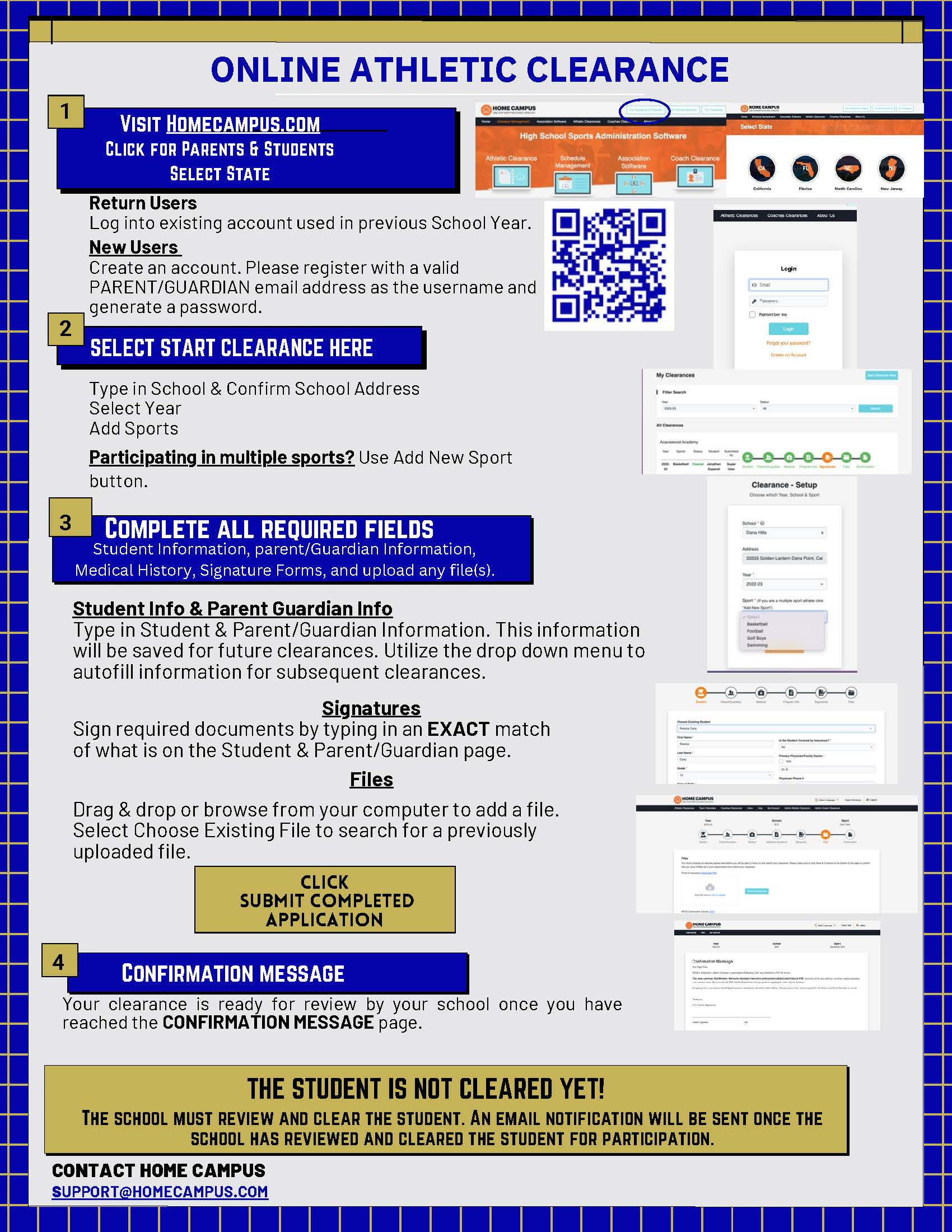 A step-by-step guide to online athletic clearance on HomeCampus.com, detailing user registration, clearance initiation, and form completion.