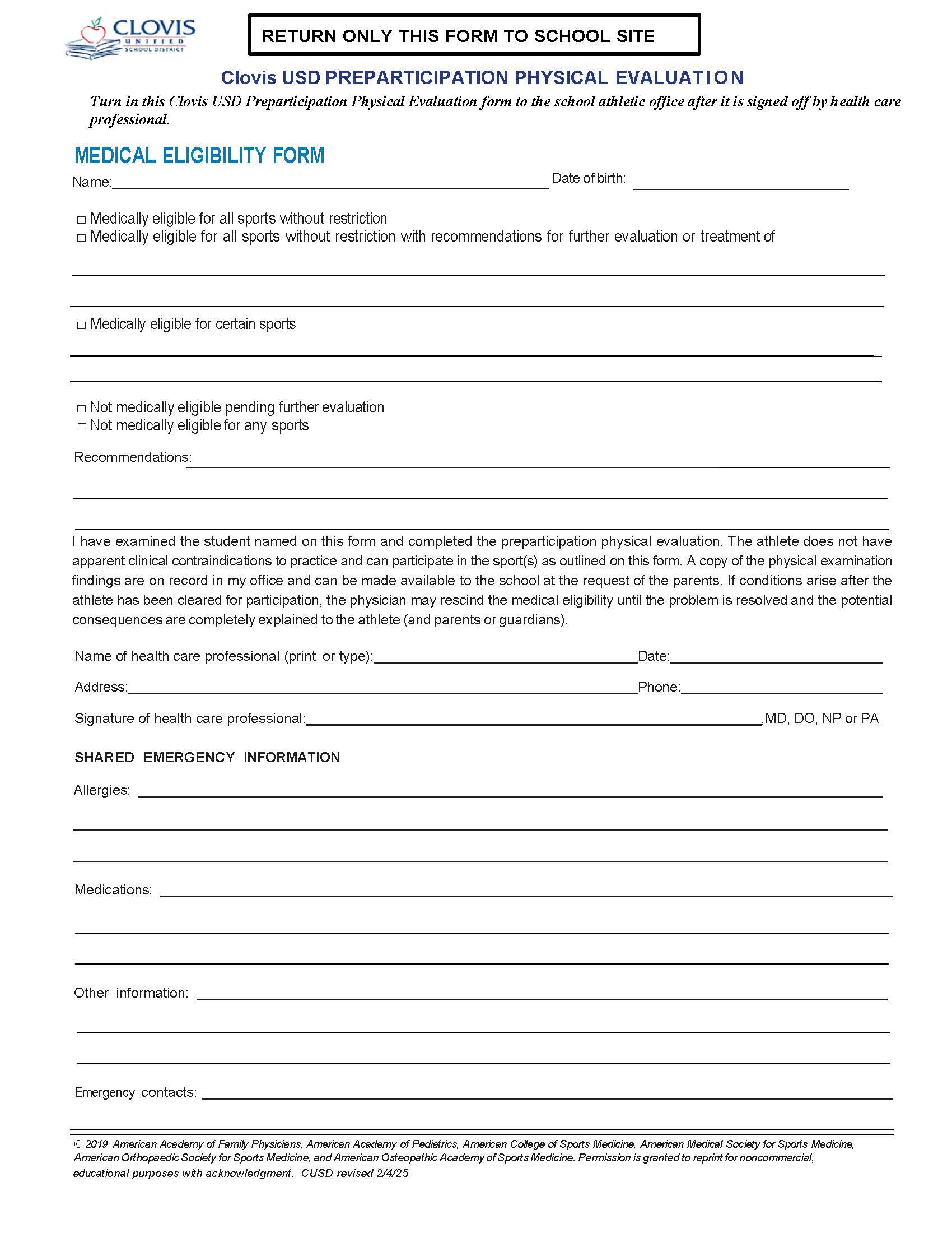A medical eligibility form for student athletes, titled 'Clovis USD Preparticipation Physical Evaluation'.