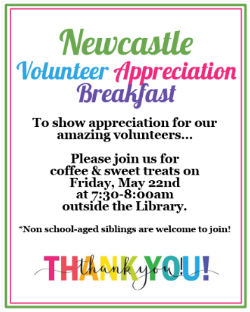 Poster announcing the Newcastle Volunteer Appreciation Breakfast with details on date, time, and location.