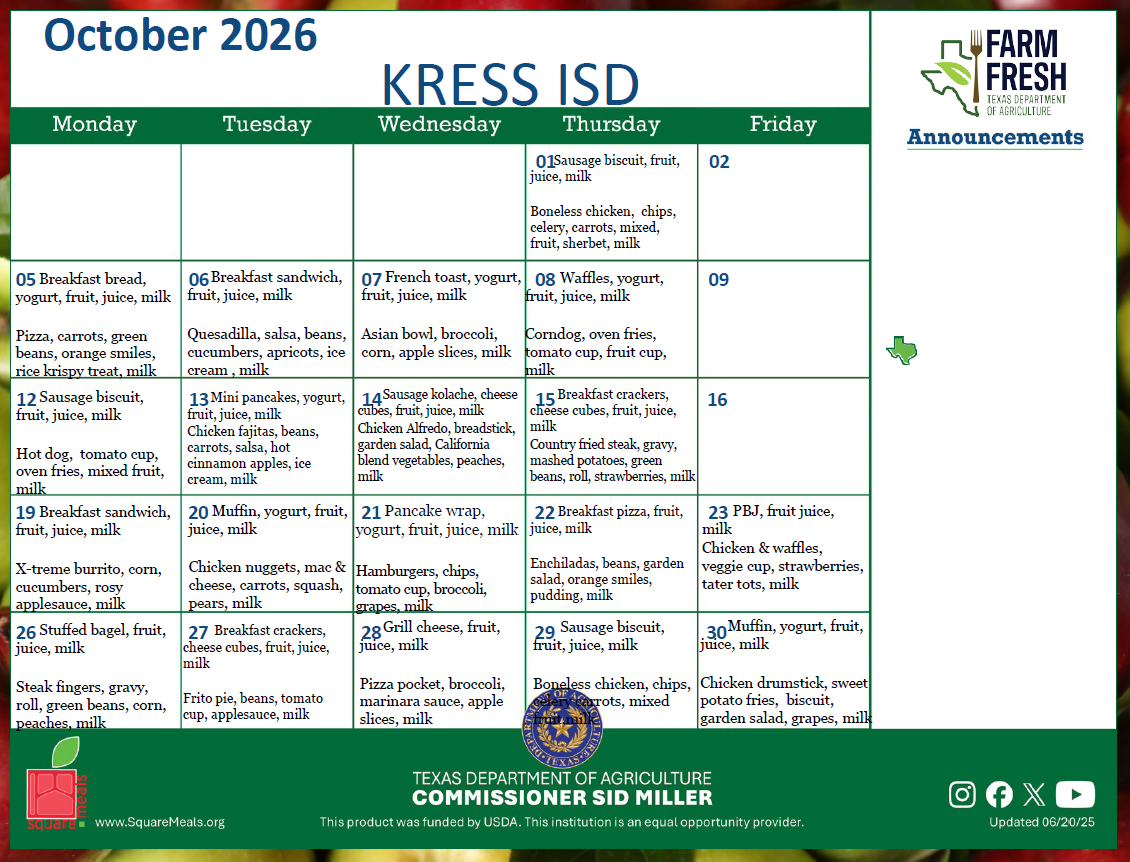 October 2026 Lunch/Breakfast Menu