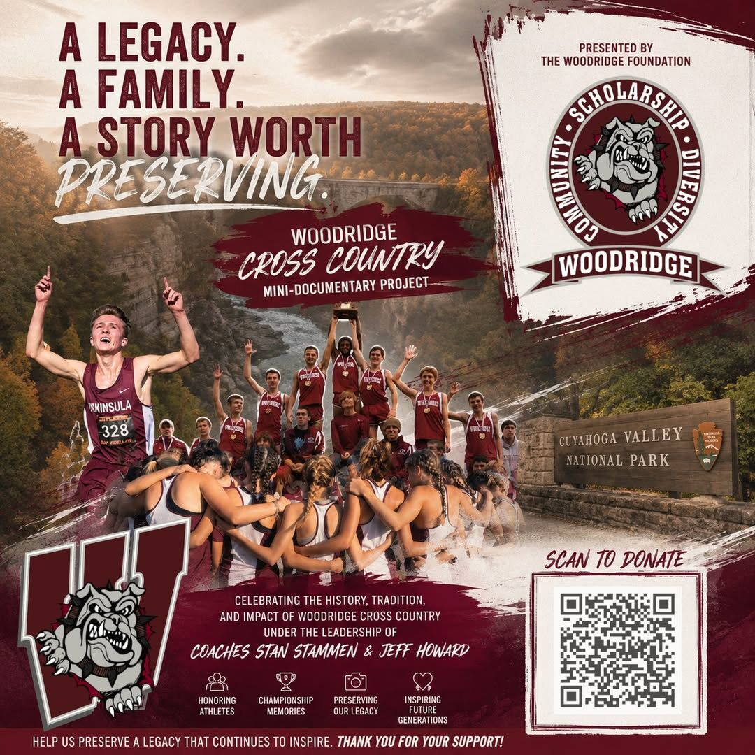 A Woodridge Cross Country team celebrates a victory with a trophy, with a scenic backdrop of Cuyahoga Valley National Park.