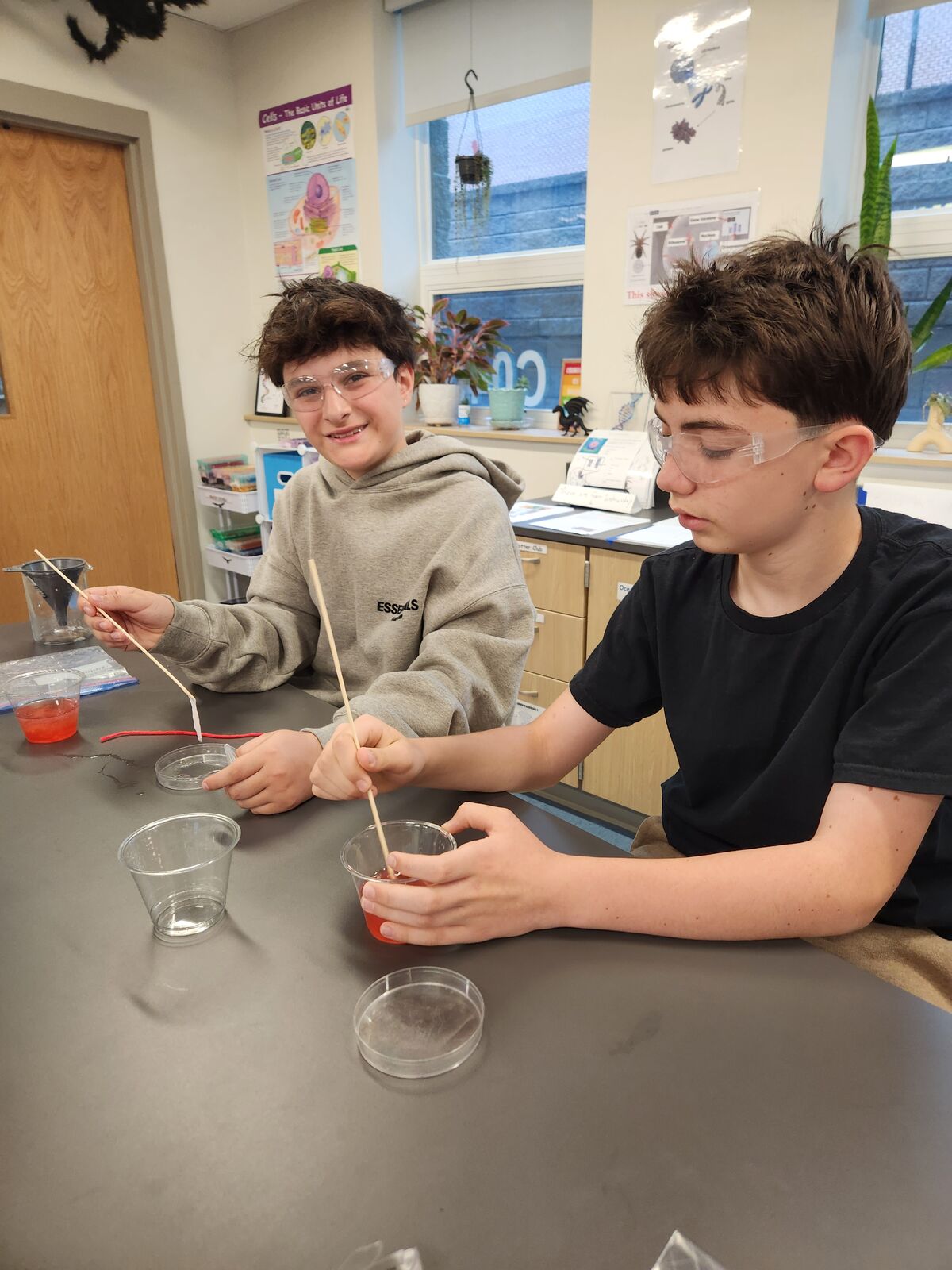 Two students wearing safety goggles conduct a science experiment with red liquid in clear cups.