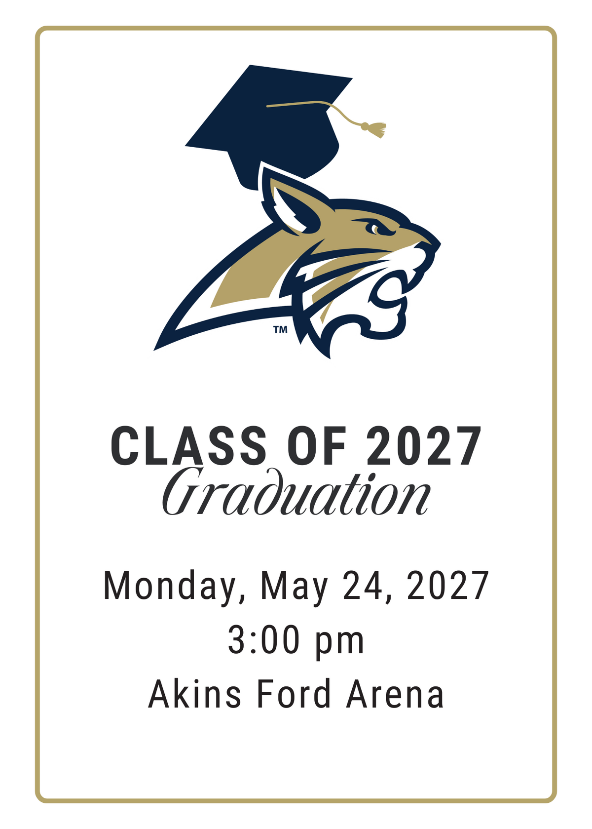 Graduation announcement for the Class of 2027, featuring a wildcat mascot in a graduation cap