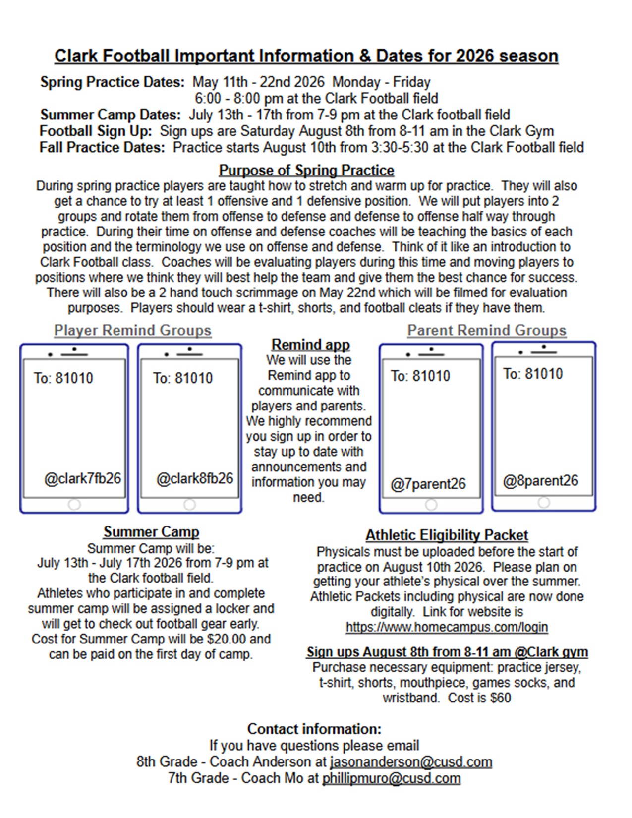 Document outlining Clark Football's 2026 season information, including practice and summer camp dates.