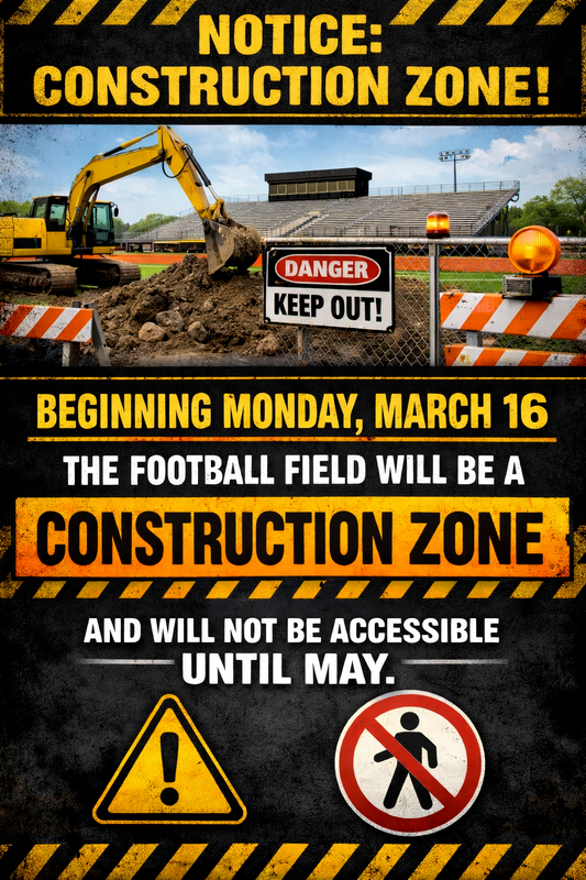 A construction zone notice with an excavator and stadium seating in the background.
