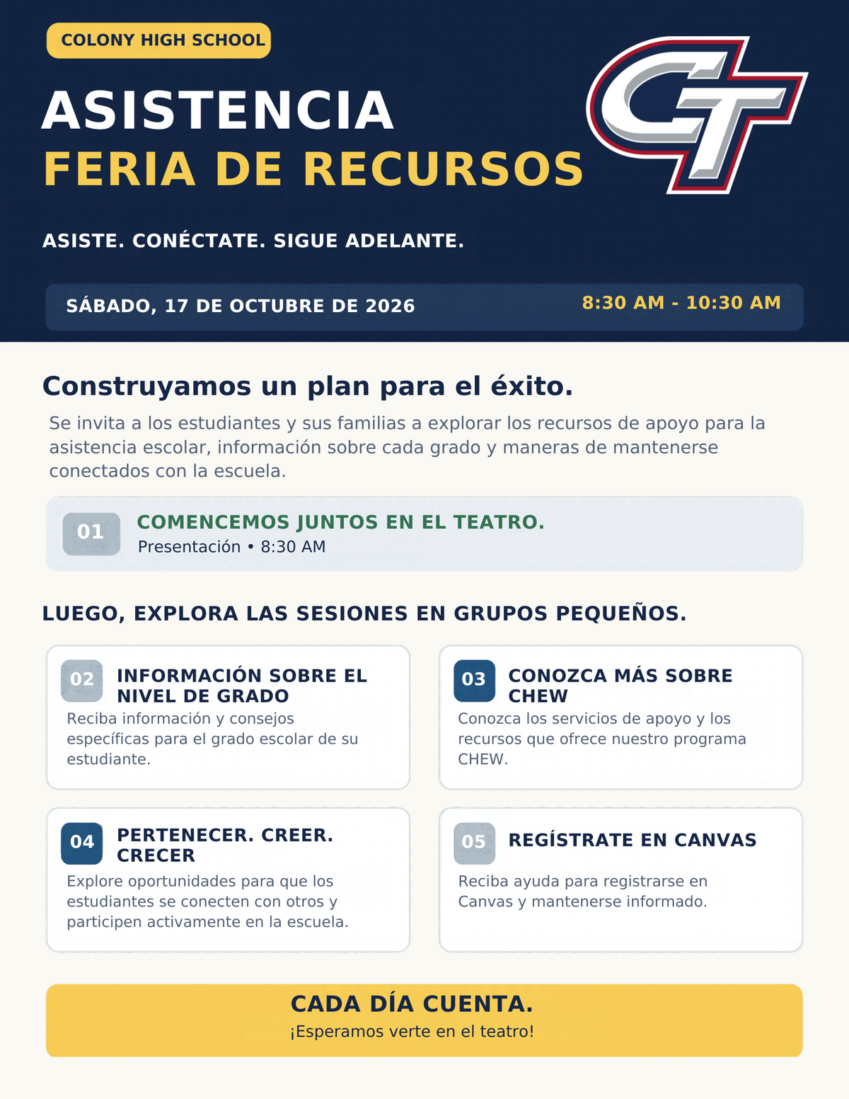 A Spanish-language school flyer for a Colony High School attendance resource fair on October 17, 2026.