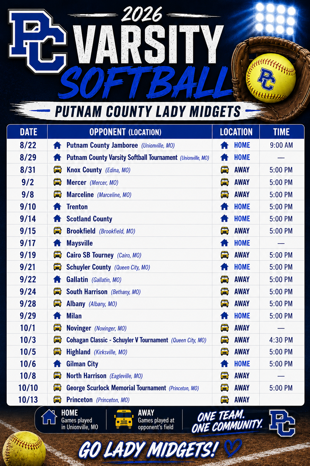 🥎 2026 PUTNAM COUNTY LADY MIDGETS SOFTBALL SCHEDULES