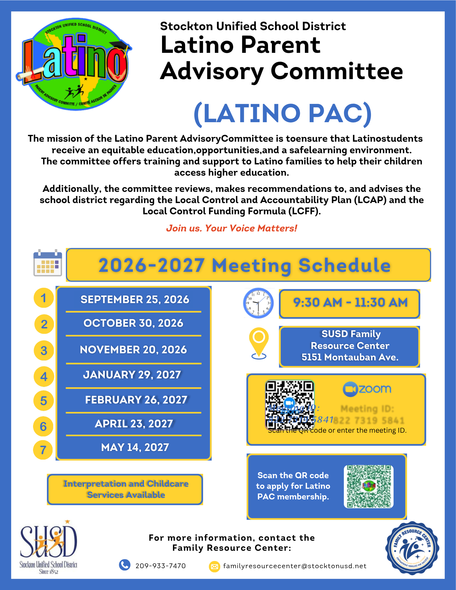 A flyer for the Stockton Unified School District Latino Parent Advisory Committee outlines its mission and the 2026-2027 meeting schedule.