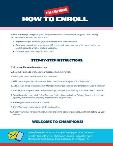 A guide titled 'How to Enroll' with step-by-step instructions for the Champions program.