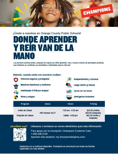 A flyer for Orange County Public Schools' Champions program, featuring a smiling child and program details.