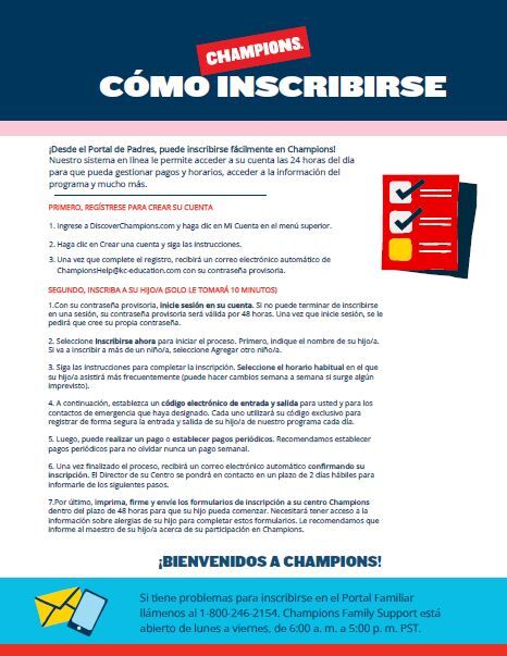 A document titled 'CÓMO INSCRIBIRSE' (How to Register) with the Champions logo.