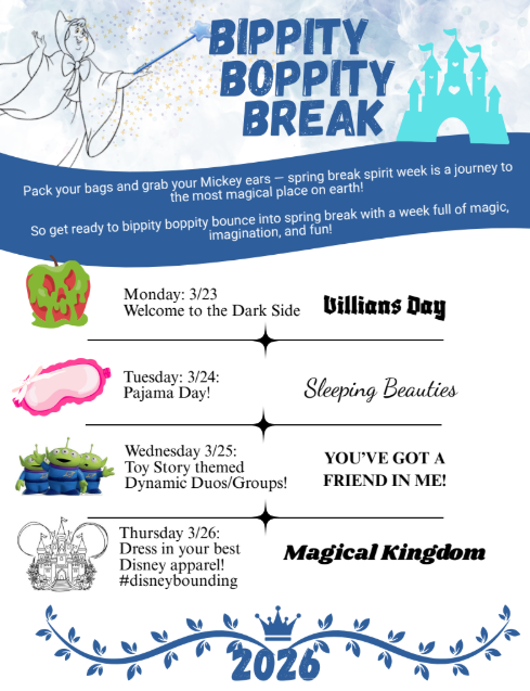 Flyer about Bippity Boppity Break, Monday Villans Day, Tuesday Pajama Day, Wednesday Twin Day, Thursday Disney Apparel Day.