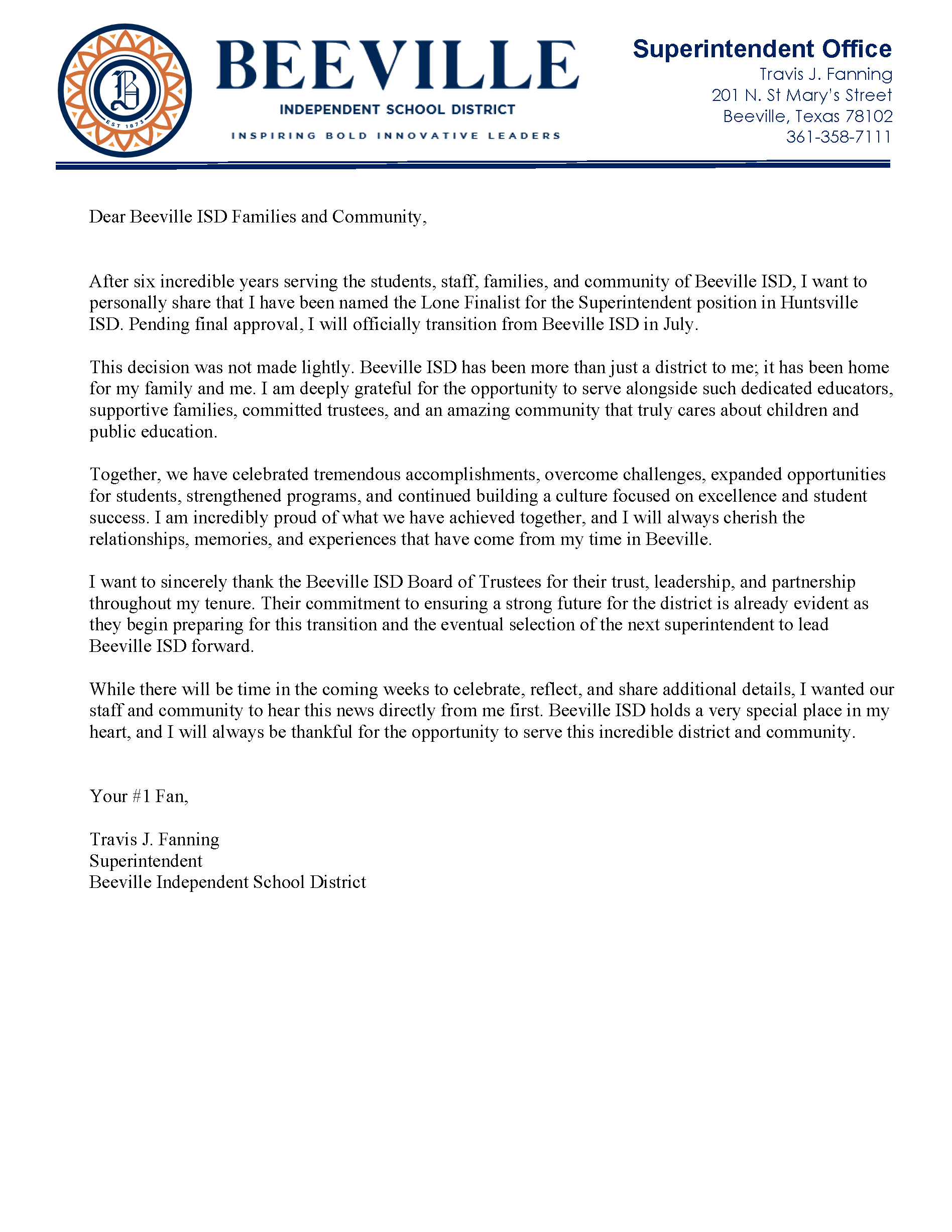 A Message to Beeville ISD Families, Staff, and Community