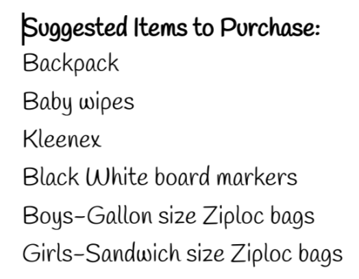 A list of suggested items to purchase, including school supplies and personal care items.