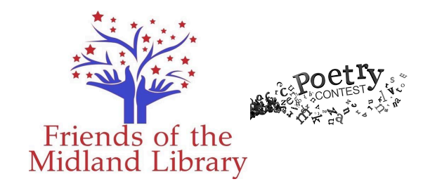 Logo for Friends of the Midland Library next to the words 'Poetry Contest' with scattered letters.