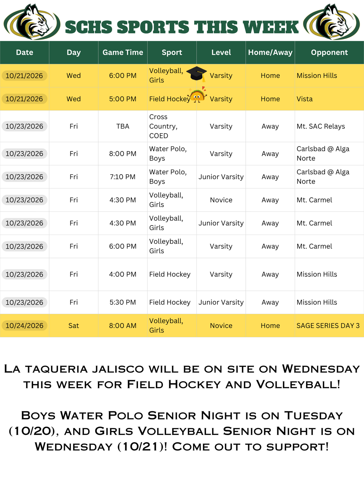 A schedule chart titled SCHS Sports This Week lists games, dates, times, and opponents for various sports.