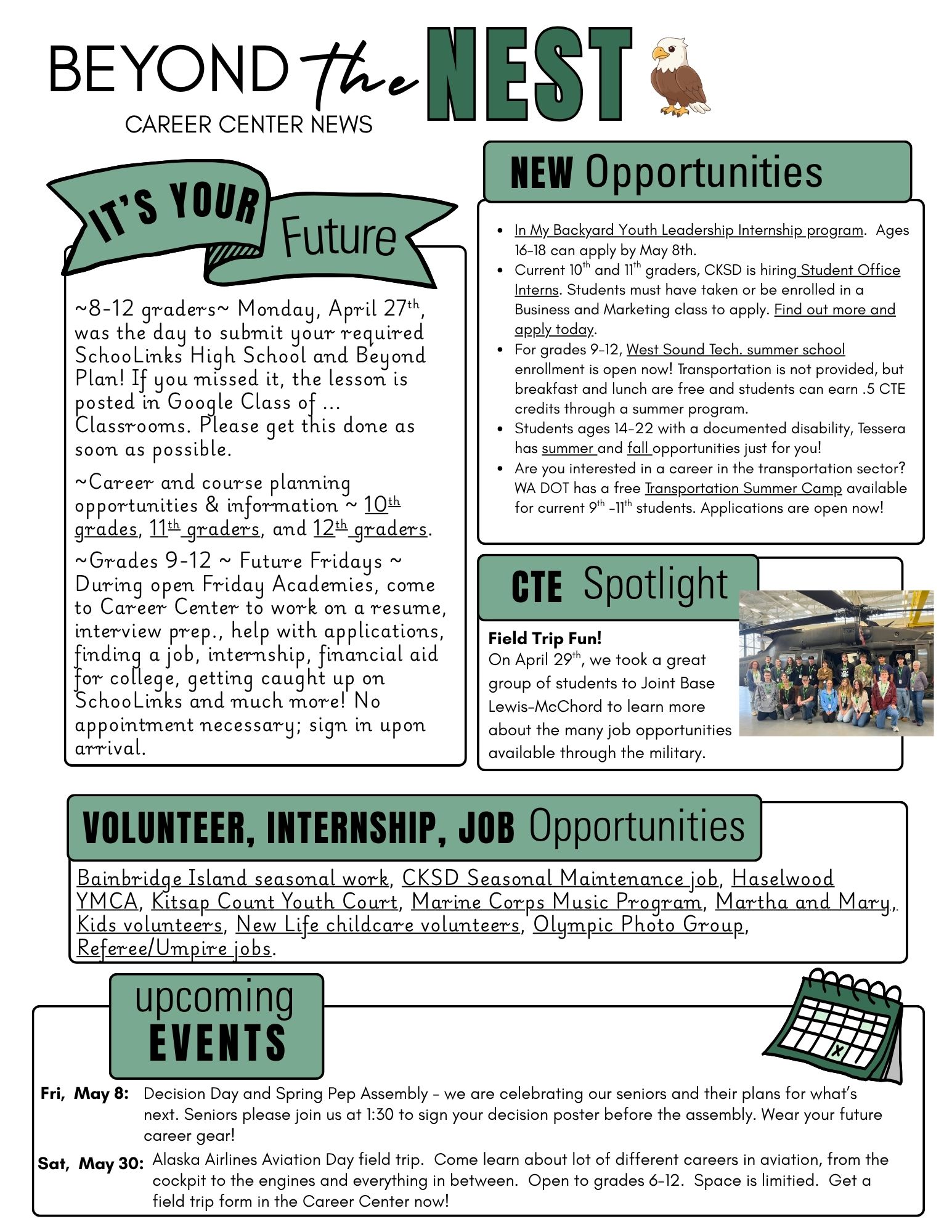 A newsletter titled 'Beyond the Nest' from the Career Center, featuring upcoming opportunities and events.