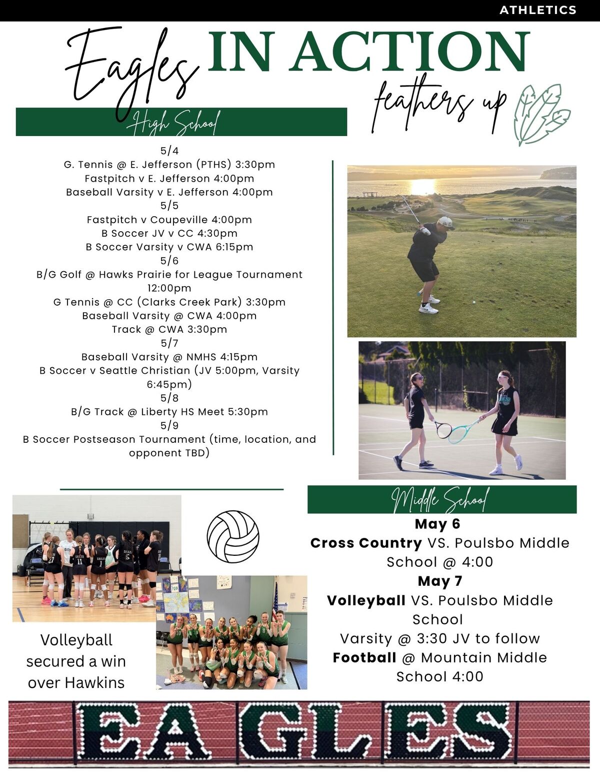 A graphic displays 'Eagles IN ACTION' with high school and middle school sports schedules and photos of athletes.