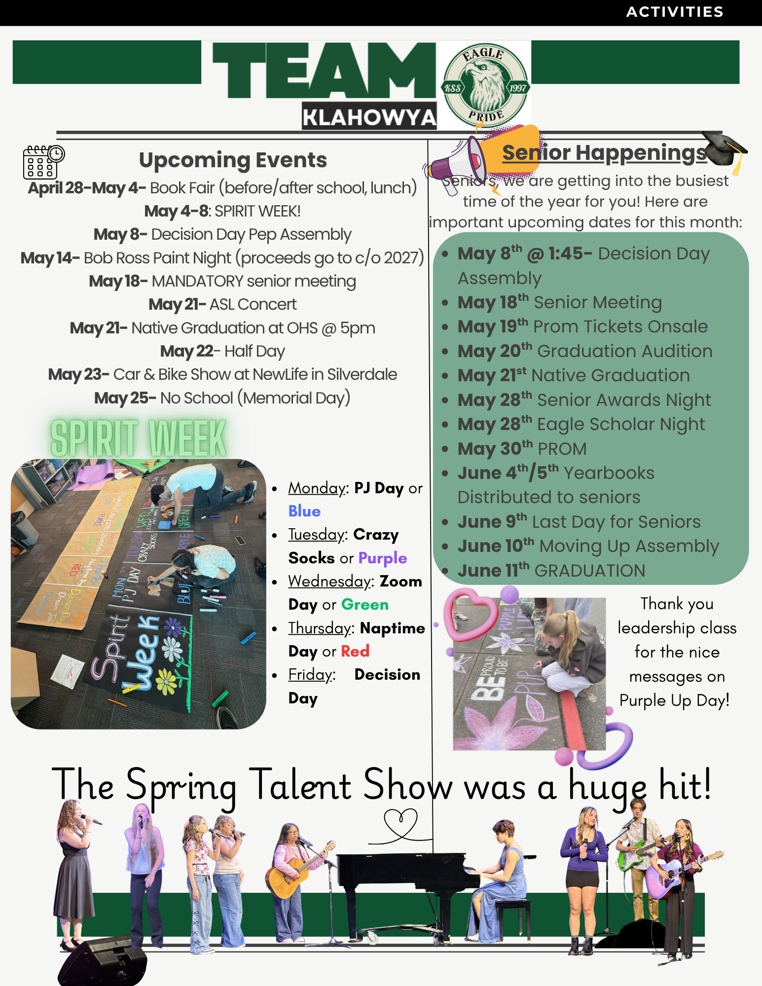 A school flyer lists upcoming events and senior happenings, including Spirit Week and graduation details.