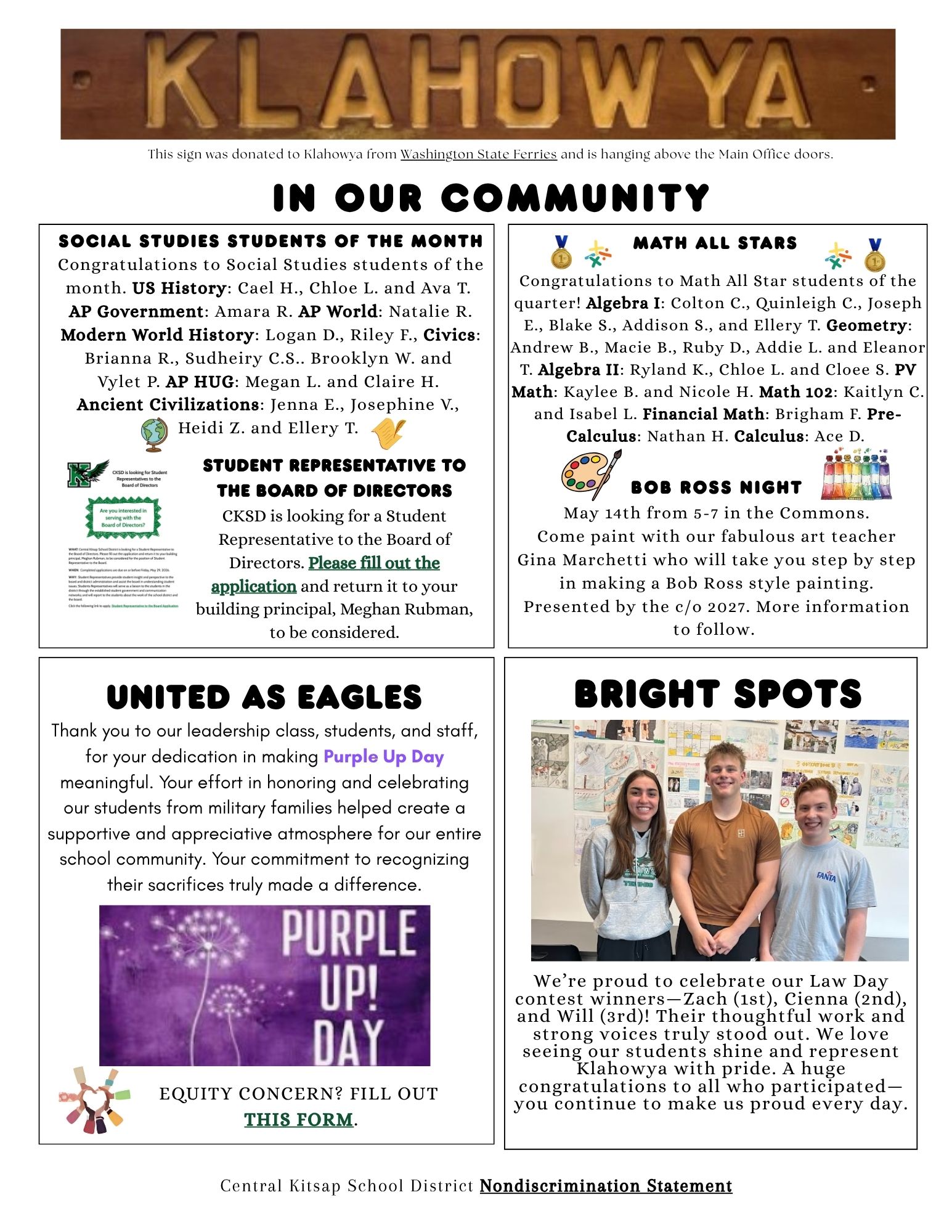 A newsletter section titled 'In Our Community' features student achievements in Social Studies and Math, a call for a Student Representative to the Board of Directors, and an announcement for Bob Ross Night.