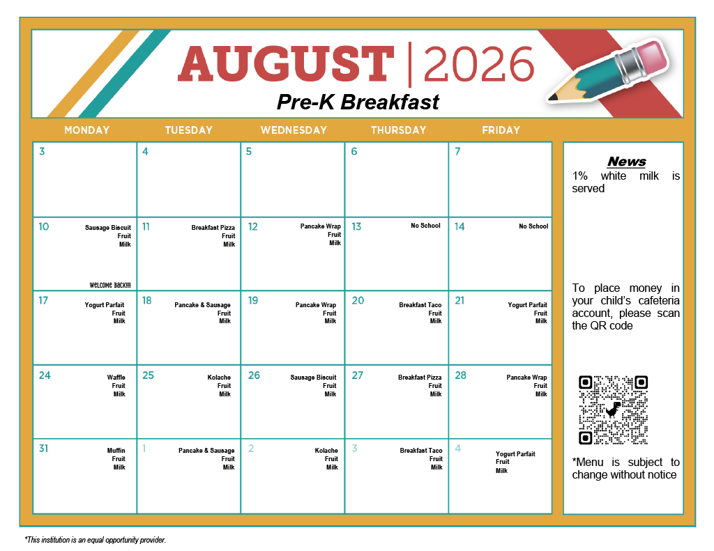 August Lunch Menus for Centerville Elementary