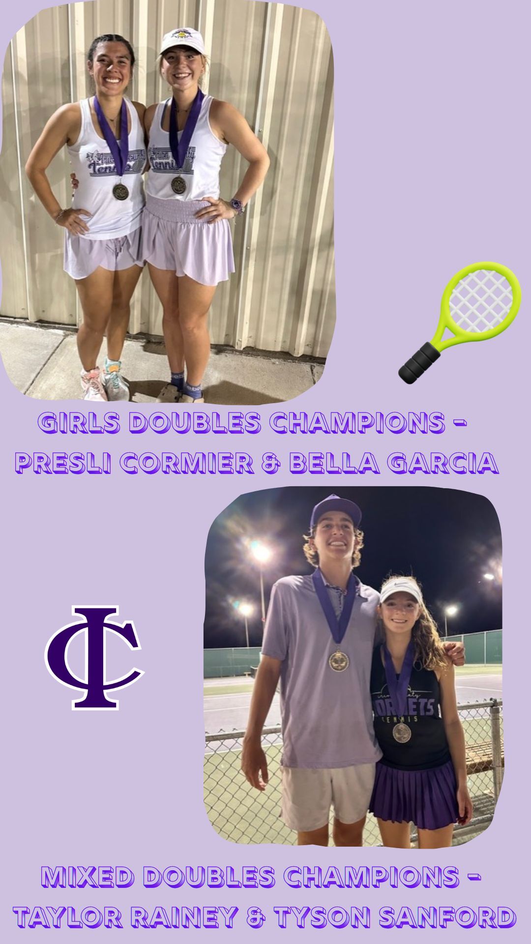 Two smiling young women in tennis attire wear medals, identified as Girls Doubles Champions Presli Cormier & Bella Garcia.