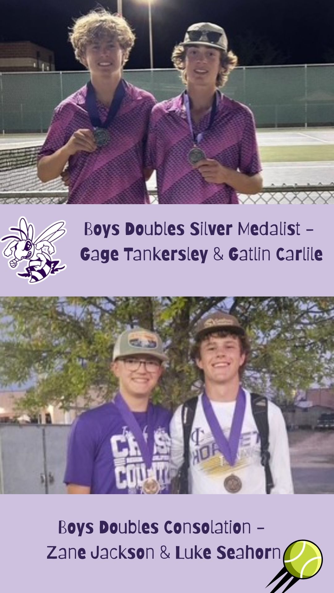 Two young men in matching purple shirts proudly display their silver medals on a tennis court.