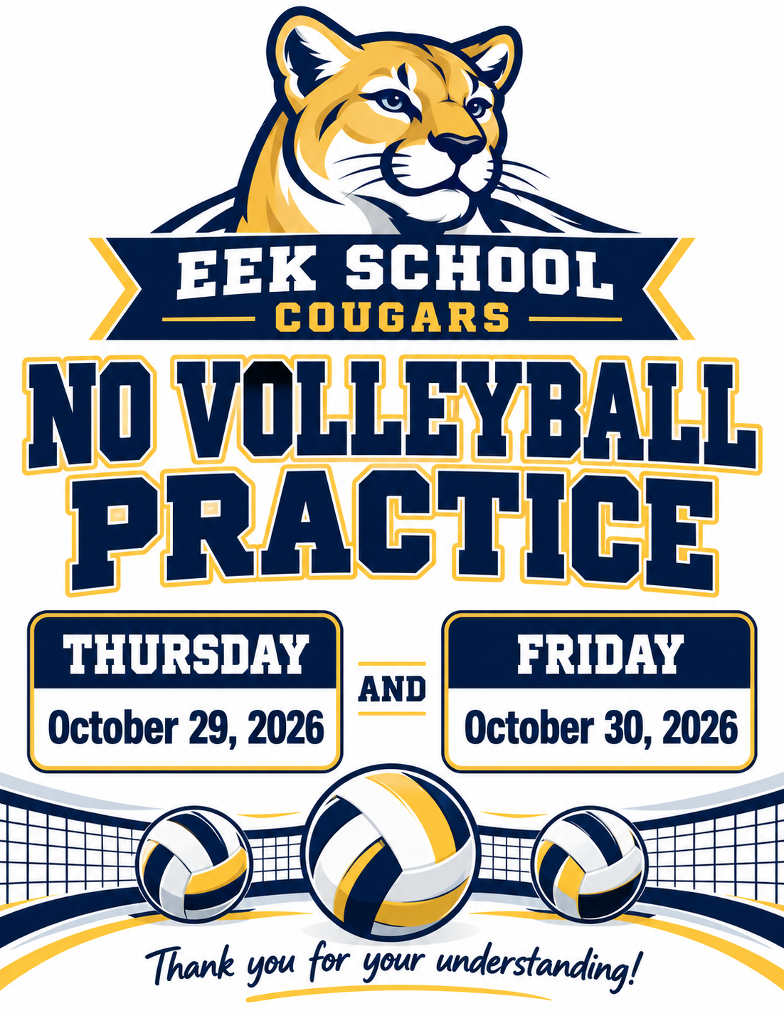 No Volleyball Practice 10/29 or 10/30