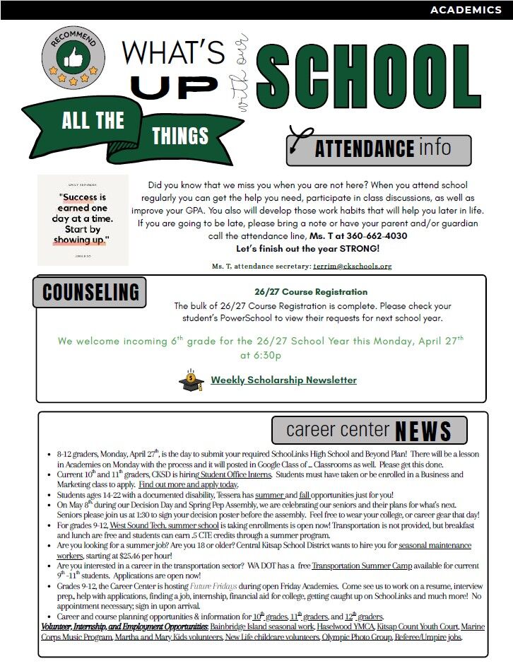 A newsletter titled 'What's Up With Our School' features sections on Academics, Attendance, Counseling, and Career Center News.