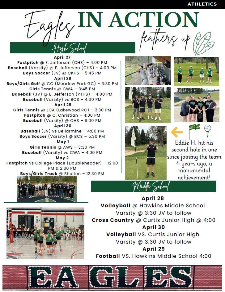 A sports schedule poster for 'Eagles' high school and middle school athletics, featuring game dates and times.