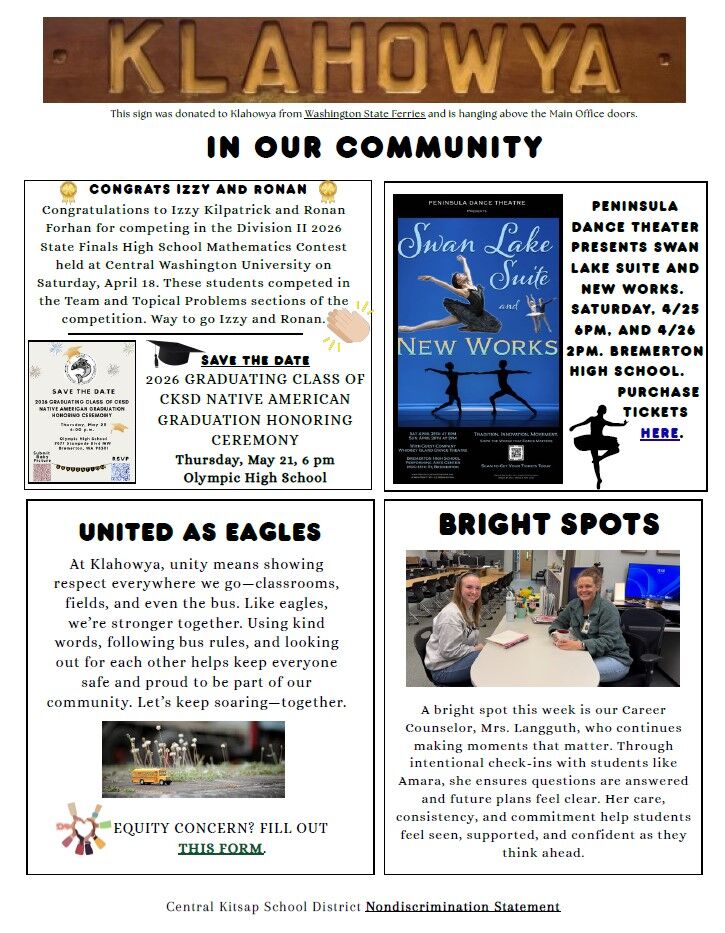 A newsletter titled 'In Our Community' features announcements about student achievements, a dance performance, and school spirit.
