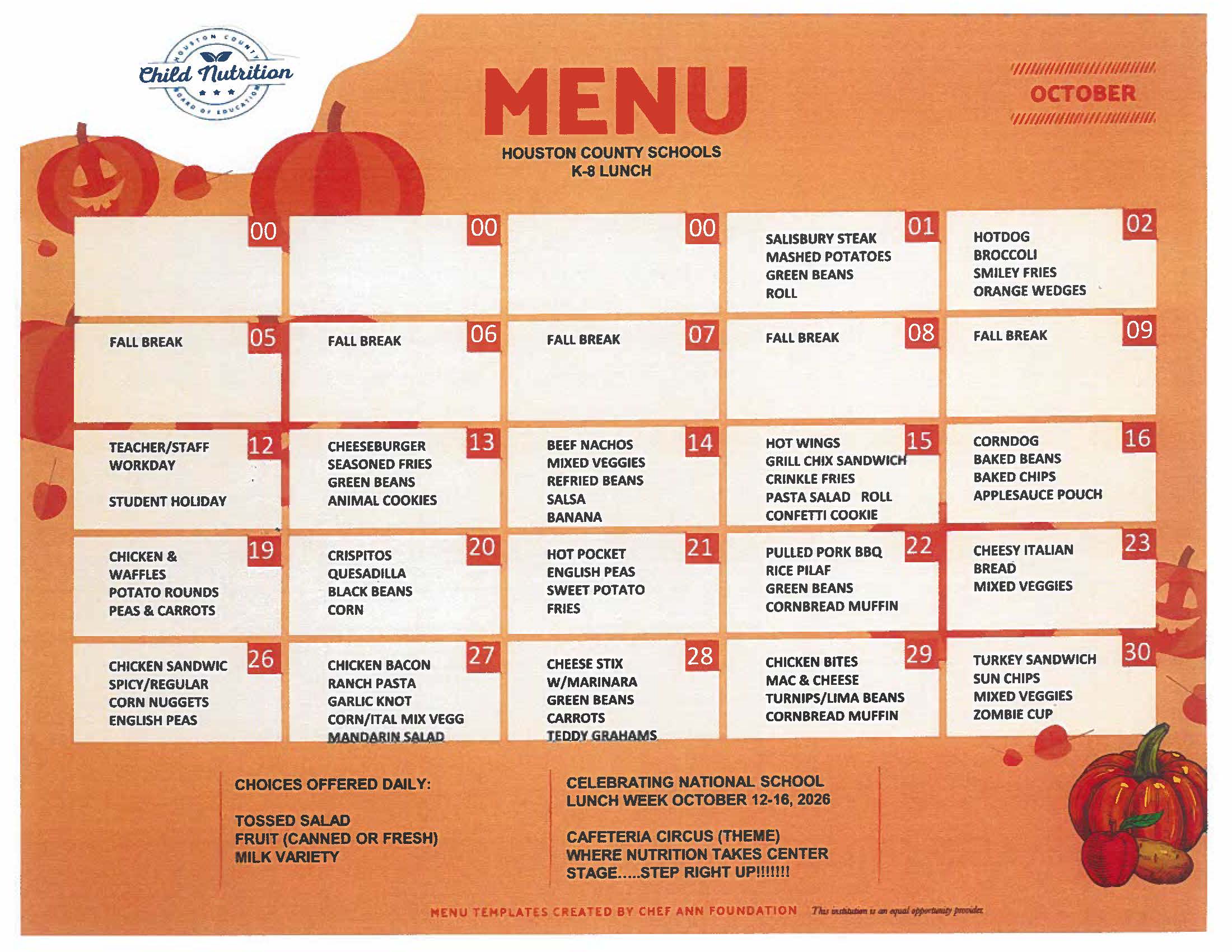 A school lunch menu for October, featuring a calendar grid and daily meal options, decorated with pumpkins.
