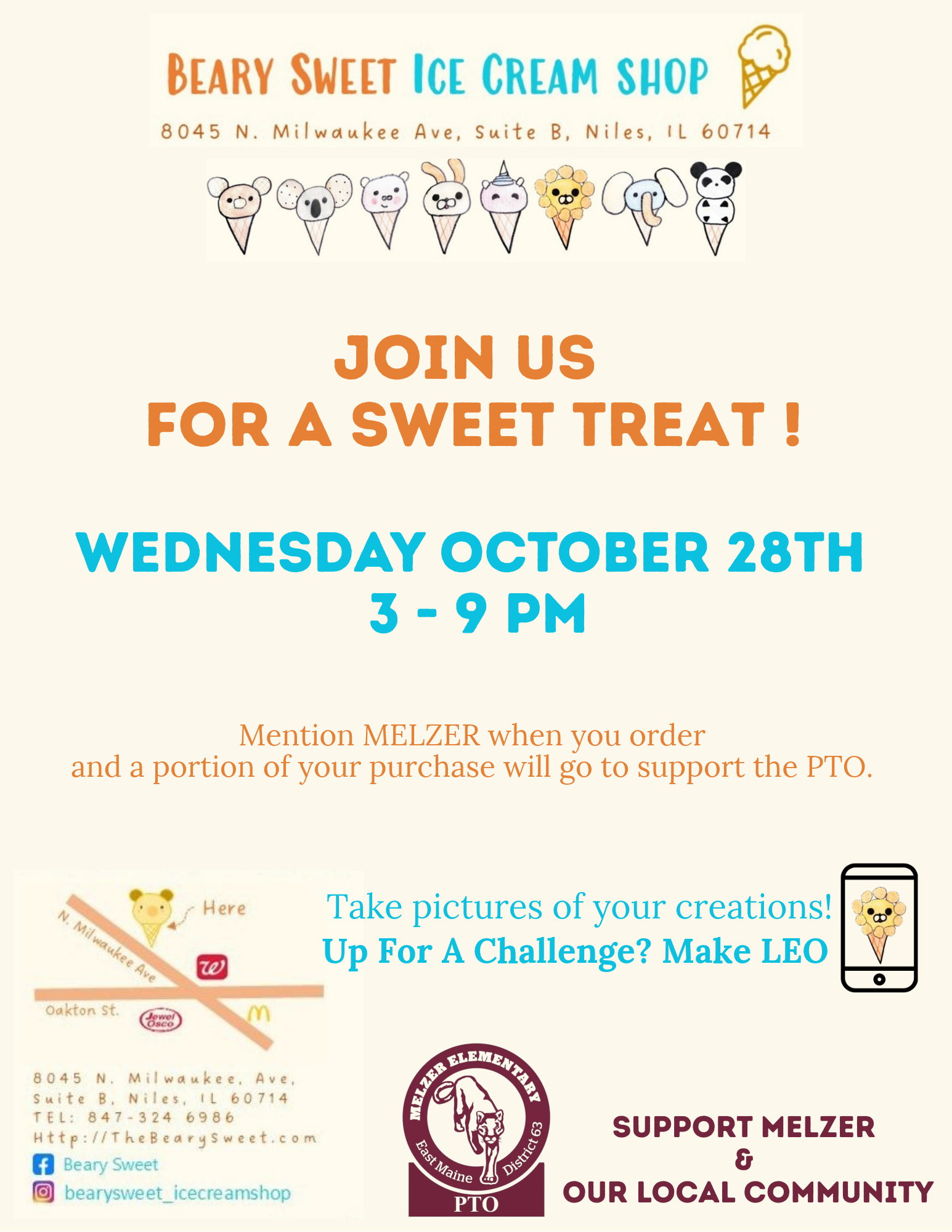 A promotional flyer for Beary Sweet Ice Cream Shop announces a fundraiser for Melzer Elementary PTO on Wednesday, October 28th.