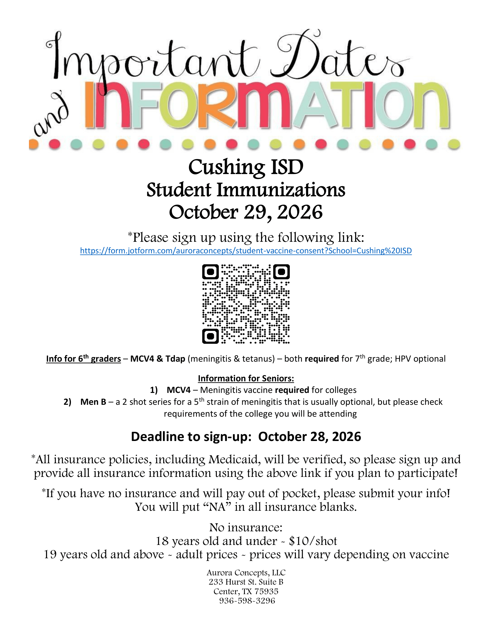 Shot Clinic - Student Immunizations have been rescheduled for October 29, 2026