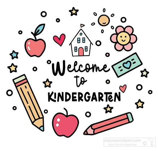 A colorful illustration with the text 'Welcome to Kindergarten' surrounded by school supplies and cheerful icons.