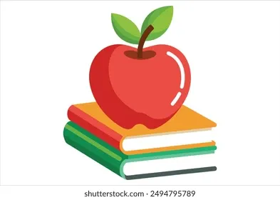 A red apple with green leaves rests on a stack of three colorful books.