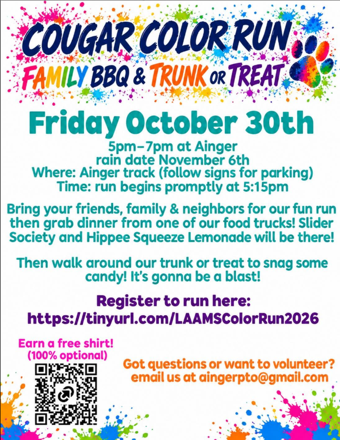 Cougar Color Run, Family BBQ & Trunk or Treat: Friday 10/30