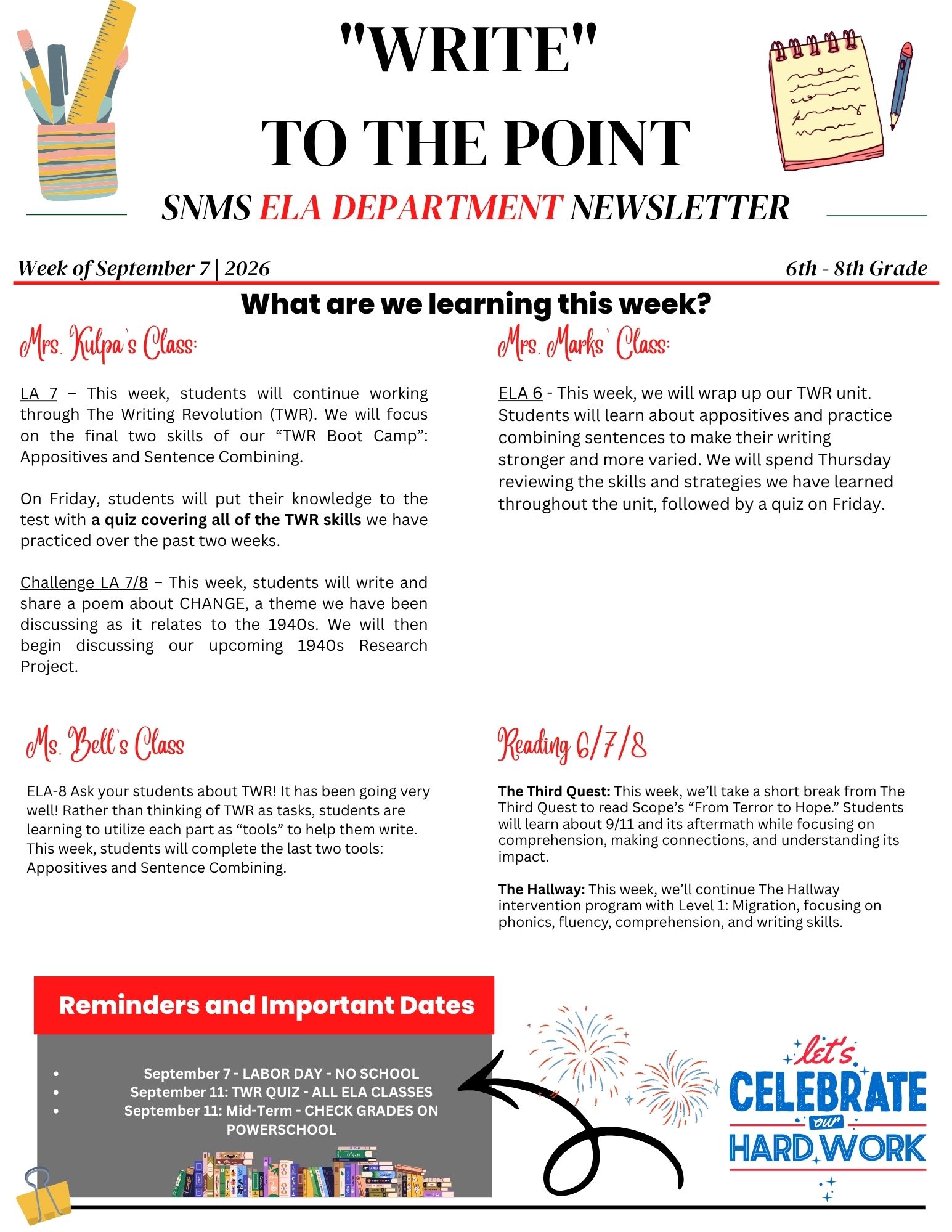 ELA Department Newsletter - Week of September 7, 2026