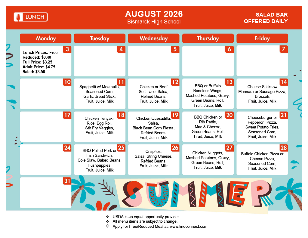 August BHS Lunch Menu