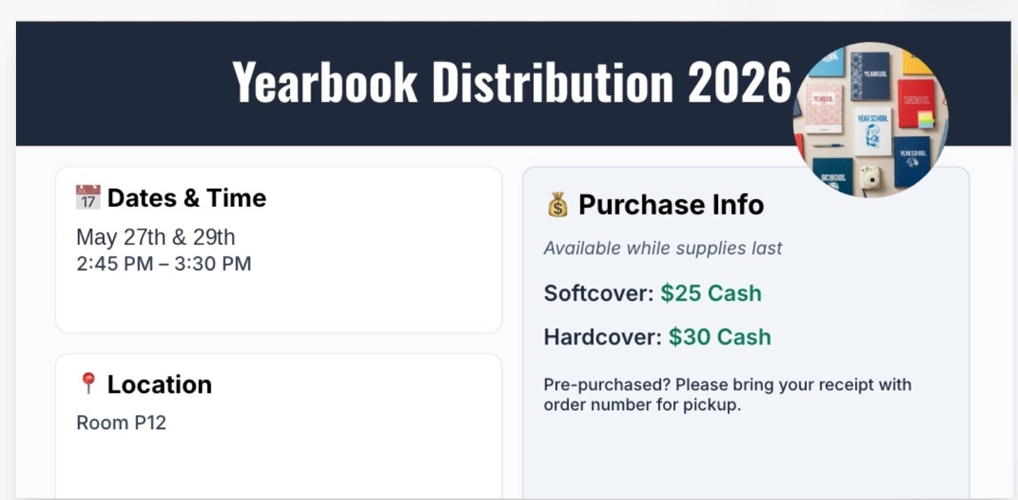 Yearbook Distribution 5/27 & 5/29