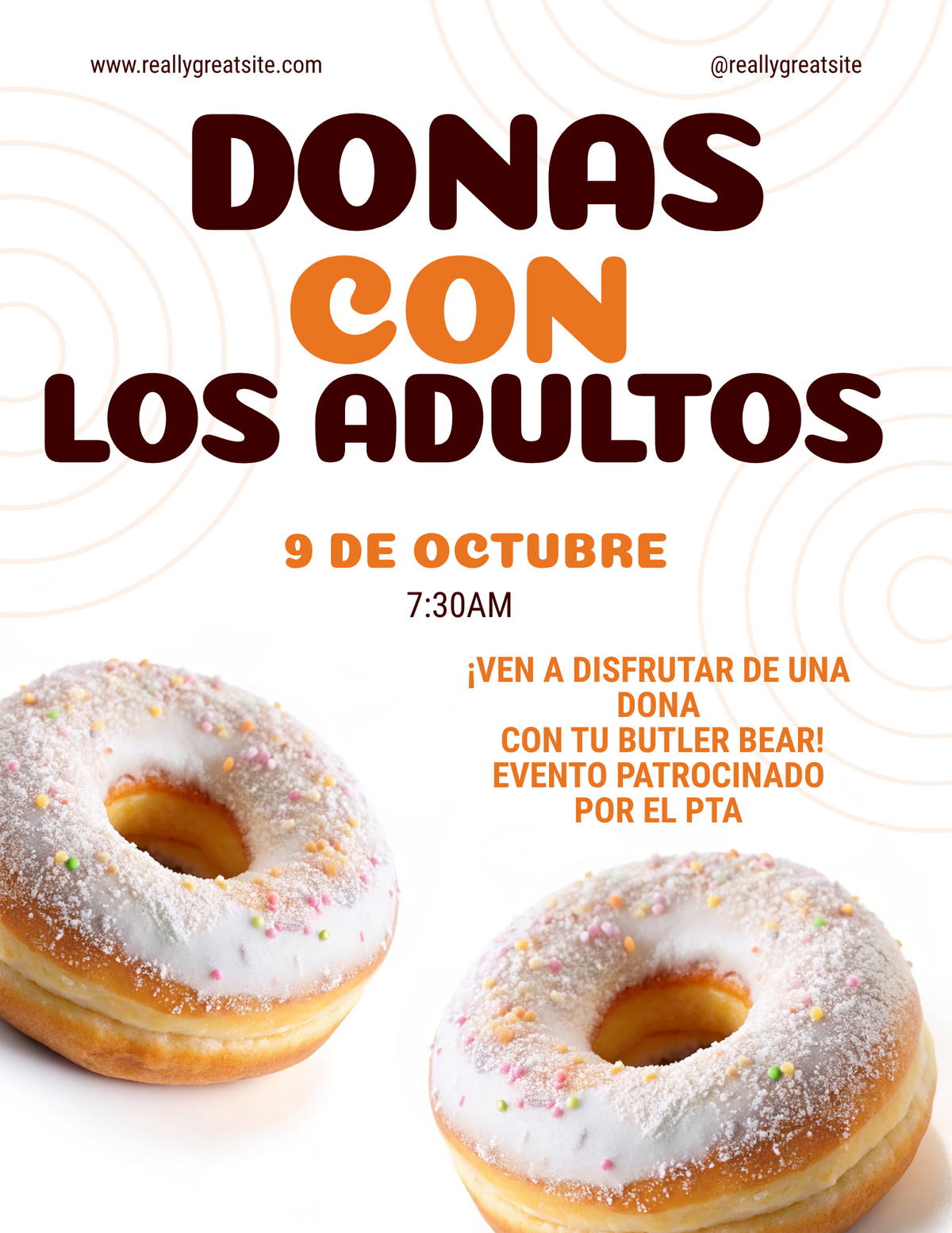 A promotional flyer for an event called 'Donas con los Adultos' on October 9th at 7:30 AM, featuring two donuts with white glaze and colorful sprinkles.