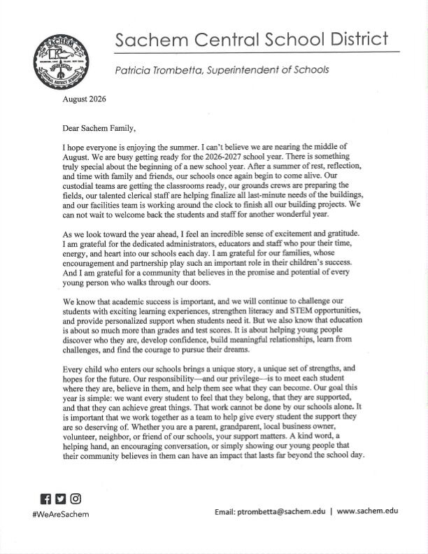 Welcome Back Letter from Sachem Superintendent Patti Trombetta