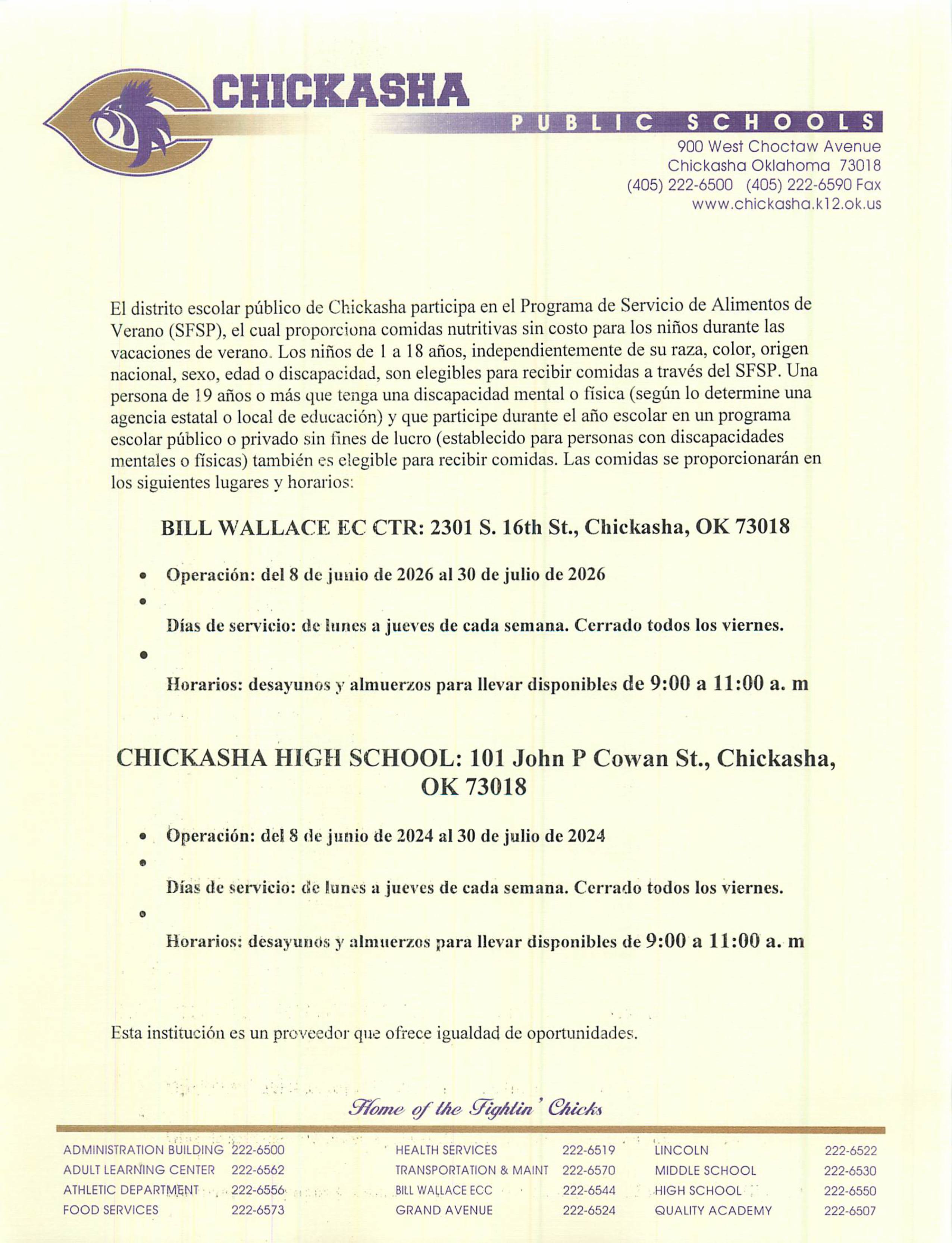 Chickasha Public Schools flyer detailing summer food program locations and times.