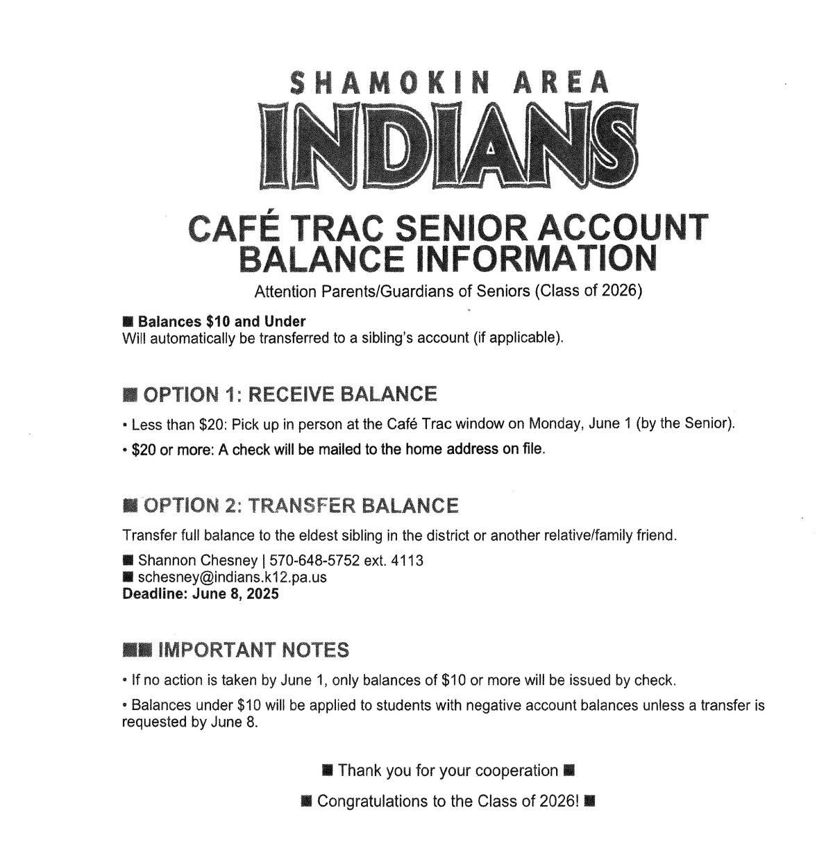CAFE TRAC BALANCE INFORMATION-FOR SENIORS