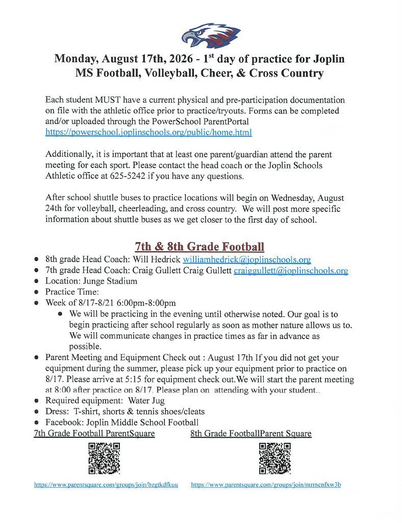 MS Football Monday, August 17, 2026 - 1st Day of practice
