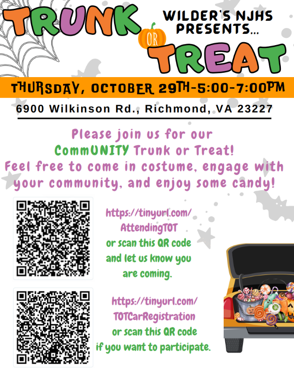 A colorful flyer for a 'Trunk or Treat' event on Thursday, October 29th, from 5:00 to 7:00 PM at 6900 Wilkinson Rd., Richmond, VA 23227.