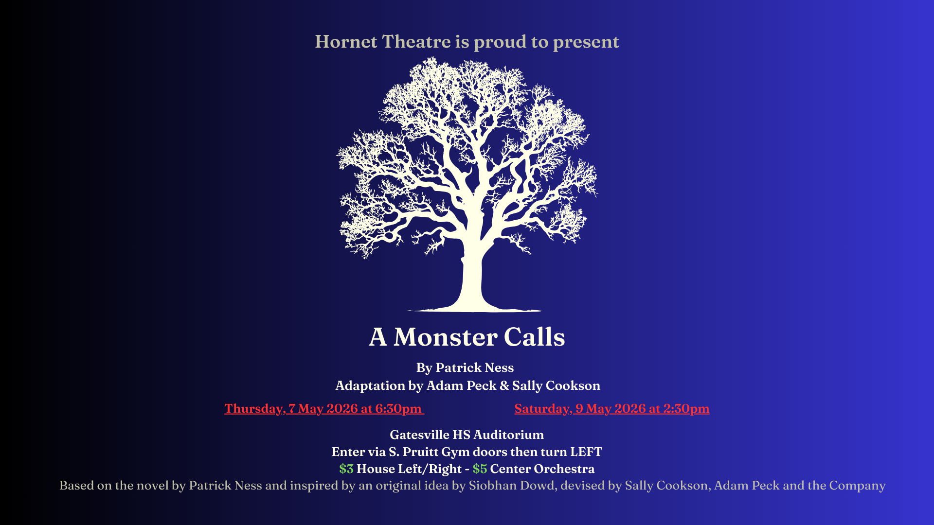 Poster for 'A Monster Calls' play by Hornet Theatre, featuring a white tree silhouette.